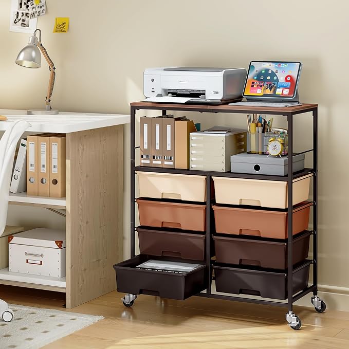 Rolling cart with 8 drawers,Storage drawer cart with wooden tabletop,Lockable wheels organizer for homeschool, arts & crafts, classroom, office & creative spaces (Brown)