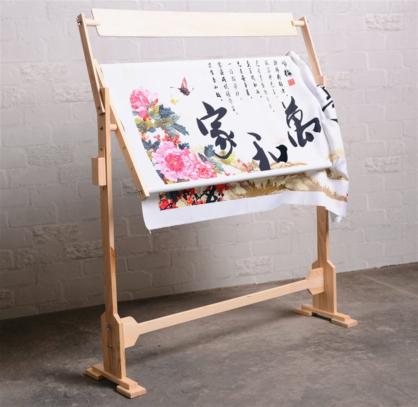 ELUKHT Adjustable Cross Stitch Frame Stand,Cross Stitch Floor Stand Wooden Needlework Table Lap Floor-Standing Scroll Frame Holder for Table and Couch, Wood, Brown,with Embroidery Frame
