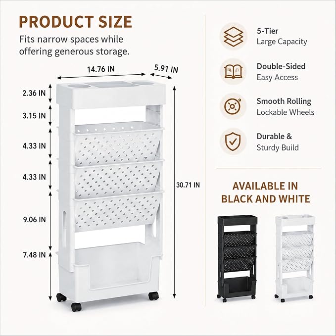 5-Tier Rolling Bookshelf, Book Storage Organization with Wheels Mobile Bookshelves Cart for Home Office Kids' Study Room School, White