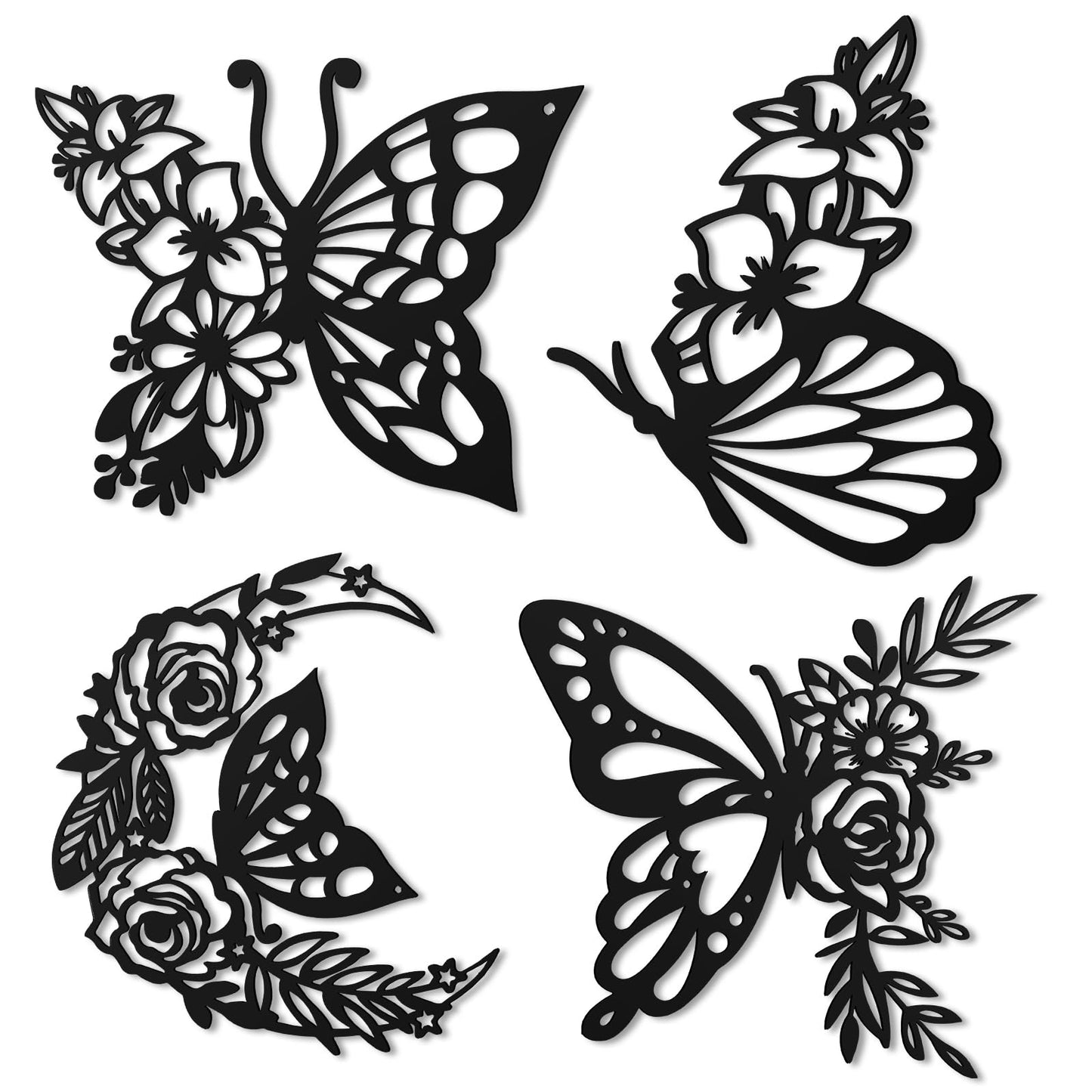 LOYIM 4 Pcs Butterfly Wall Decoration Metal Butterfly Wall Decor Metal Leaf Wall Art Moon Phases Floral Boho Wall Hanging Home Flower Appearance for Bedroom Living Room Home Indoor (Black,Graceful)