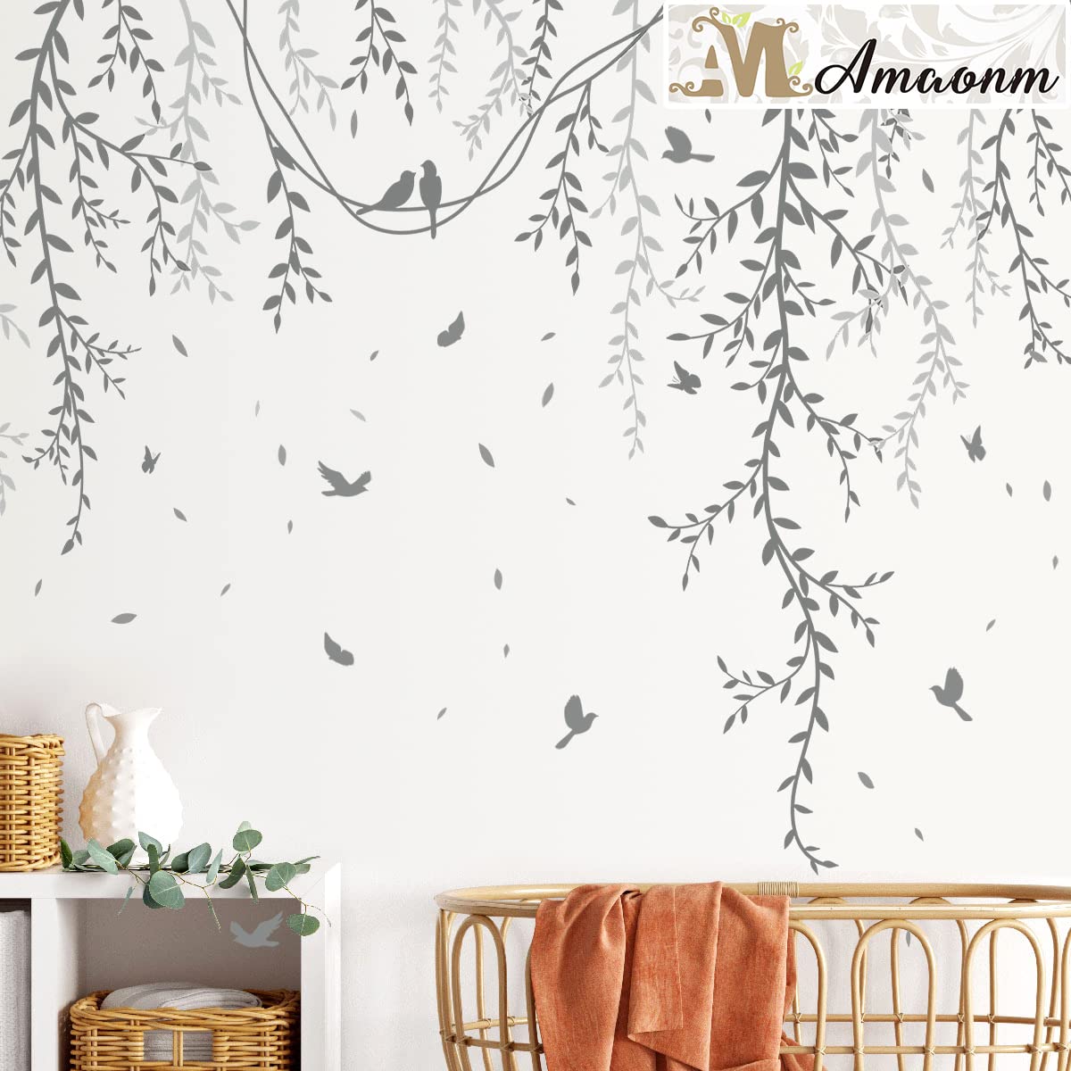 Amaonm Removable Hanging Vines Wall Stickers DIY Green Leaves Plant Grass Wall Decals Peel and Stick Flower Vine Decor for Kids Baby Girls Nursery Bedroom Living Room Offices Classroom Grey