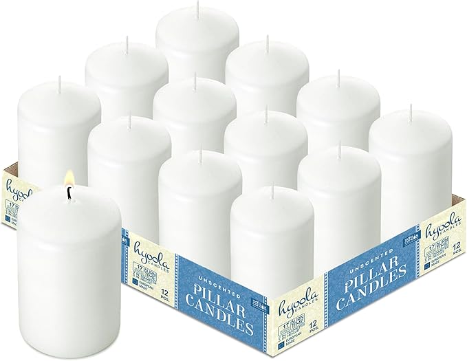HYOOLA White Pillar Candles 2x3 Inch - 12 Pack Unscented Bulk Pillar Candles - European Made