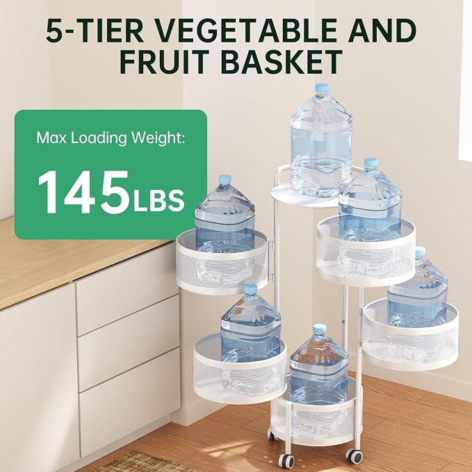 JAQ No Assembly 5-Tier Kitchen Storage Cart with Wheels, Rotating Produce Organizer for Onion, Potato & Vegetable Storage, Large Capacity Pantry Rack, White