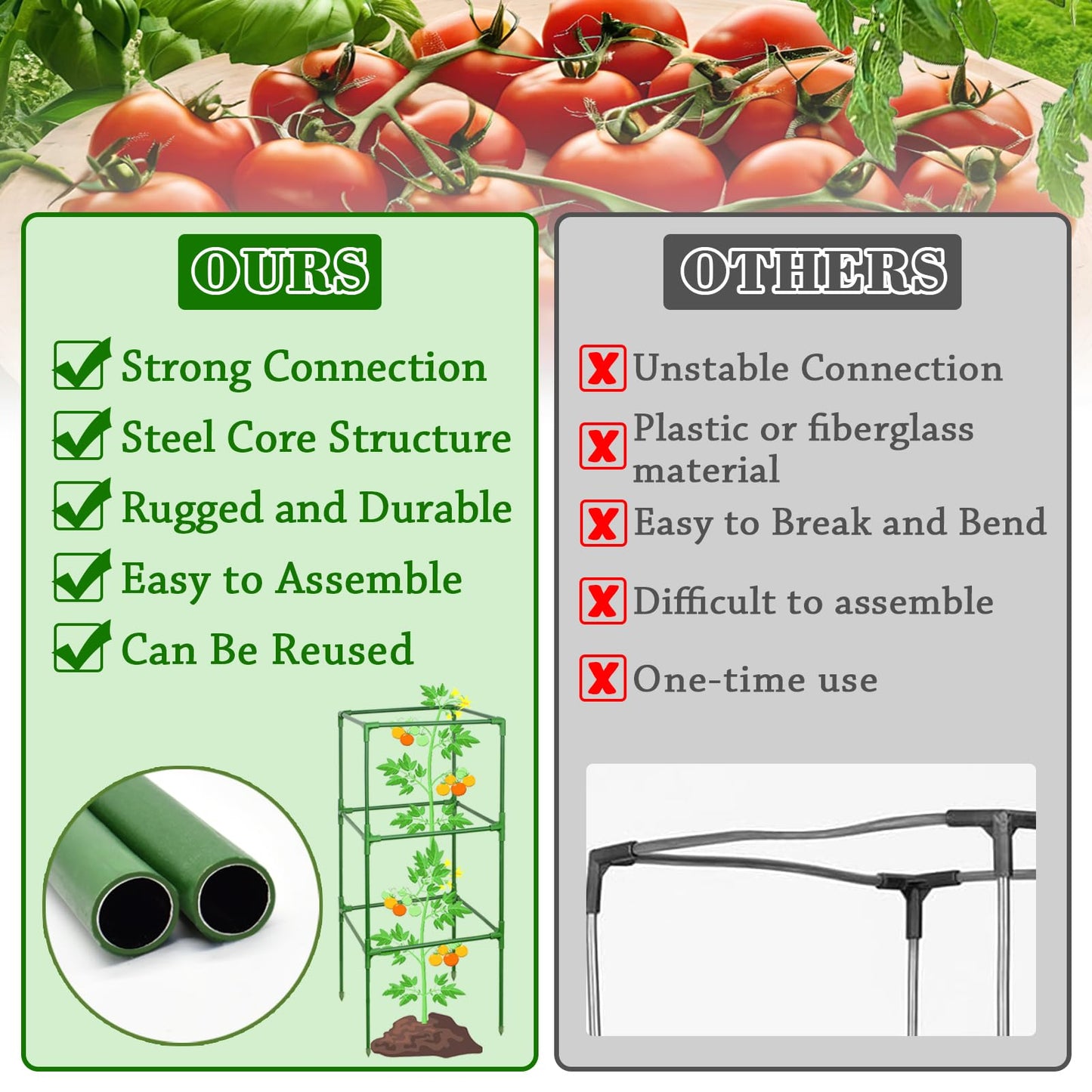 ZeeDix 4 Pack Tomato Cages for Garden 60 Inches, Heavy Duty Square Adjustable Tomato Trellis Cage Climbing Plant Support Trellis Plant Cages for Climbing Vegetables Flowers with 40Pcs Clips