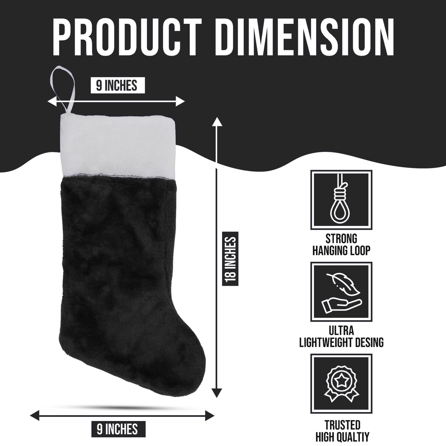 Iconikal 4-Pack Black 18-Inch Plush Fabric Christmas Stocking, Soft White Cuff, Holiday Decor