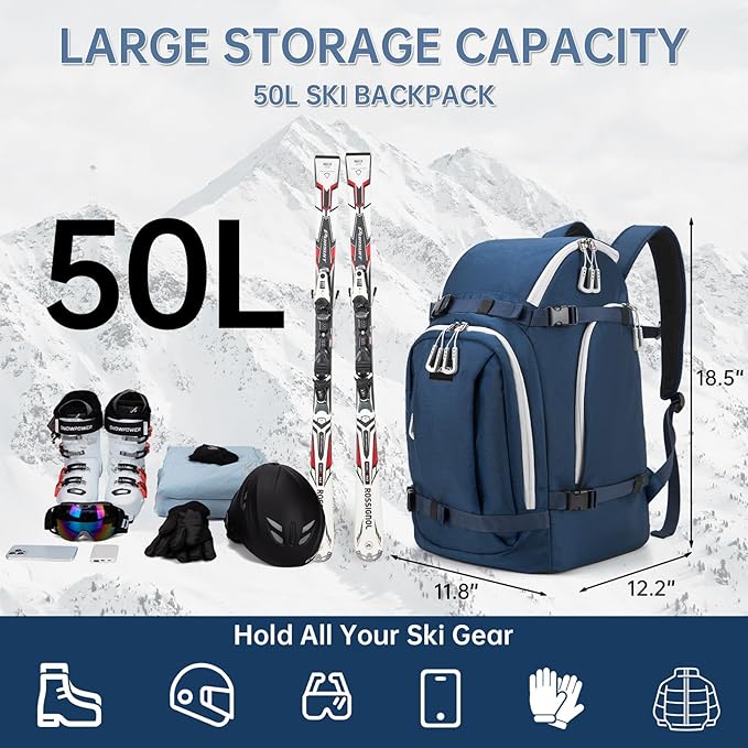 Ski Boot Bag, 50L Ski Boot Travel Backpack for Skis, Snowboard & Accessories, Waterproof Padded Ski Boot Bag Backpack