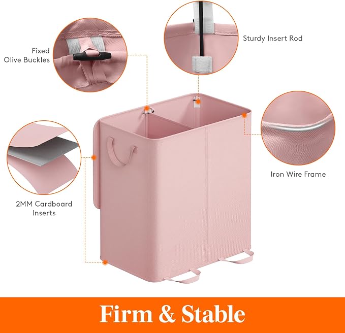 Lifewit Double Laundry Hamper with Lid and Removable Laundry Bags, Large Collapsible 2 Dividers Dirty Clothes Basket with Handles for Bedroom Laundry Room Closet Bathroom College, 136L Pink