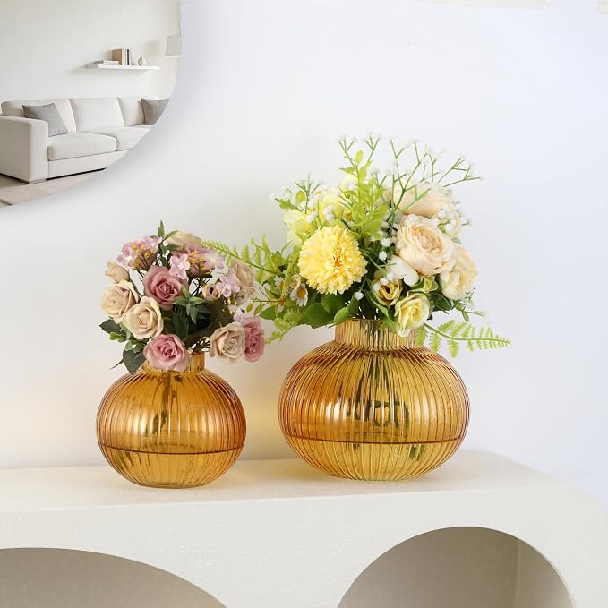 Amber Glass Vases for Tulips, Set of 2, Flower Vases for Bouquet, Ribbed Glass Vase for Flowers, Short Vase for Living Room, Office, Coffee Table, Shelf, Wedding