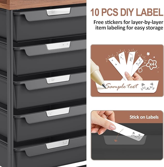 10 Drawers Rolling Cart with Wooden Tabletop, Utility Storage Cart with Wheels, Art Supply Craft Organizer on Wheel with Metal Frame & Handles for Home Office School,Black