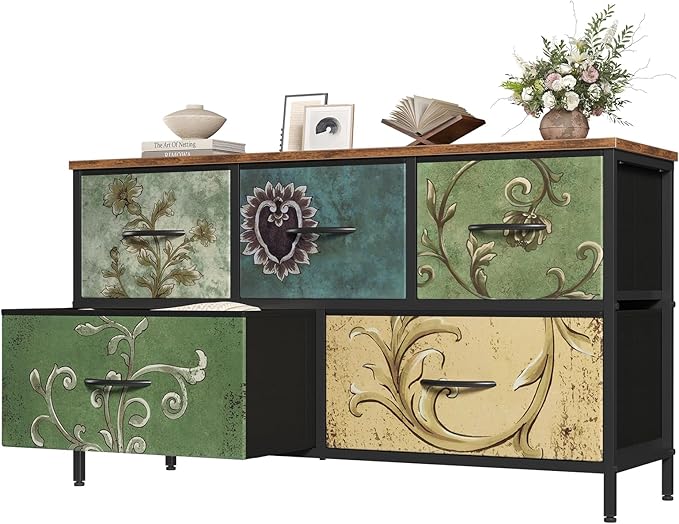 OLIXIS Dresser for Bedroom with 5 Drawers, Wide Chest of Drawers, Fabric Bedroom Dresser with Drawer Organizer, Storage Organizer Unit with Fabric Bins for Closet, Living Room, Hallway, Flower
