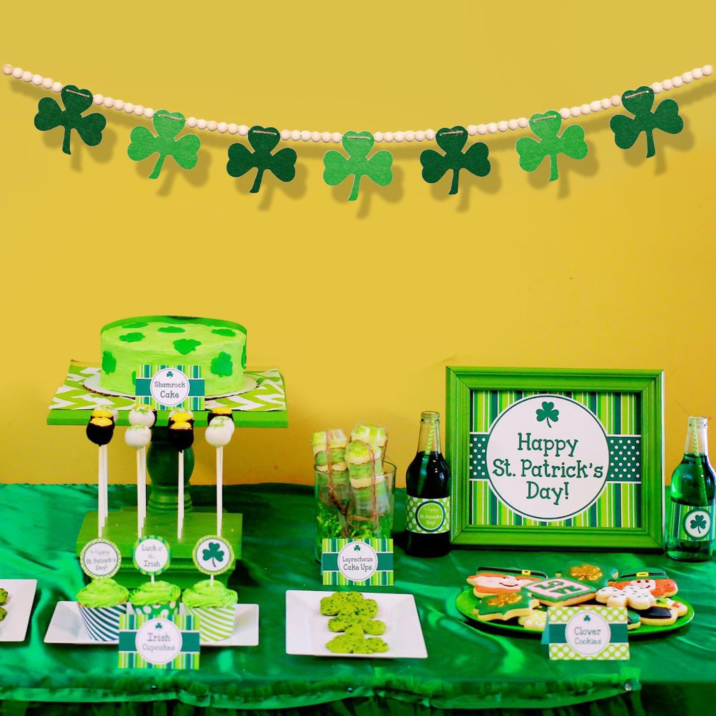 7.5 FT Beaded St Patricks Day Garland, Felt Shamrock Banner and Wooden Beads | Rustic Farmhouse Clover St Patricks Day Decorations for Home Bar Party, Shelf Display, Fireplace, Wall Decor