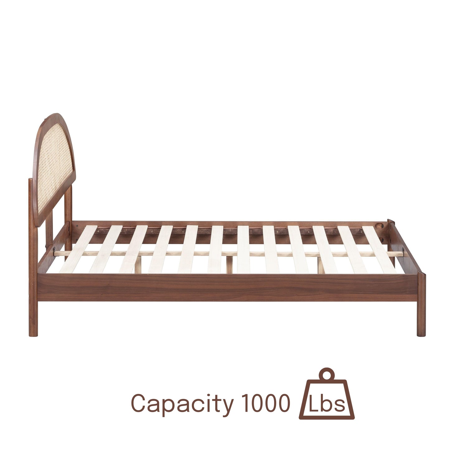 NTC Gem Wooden Bed Frame with Headboard and Natural Rattan, Solid Oak/Rubber Wood Foundation with Silent Slats, 1000 Lb Capacity, Effortless Assembly (Natural Cane - Dark Walnut, King)