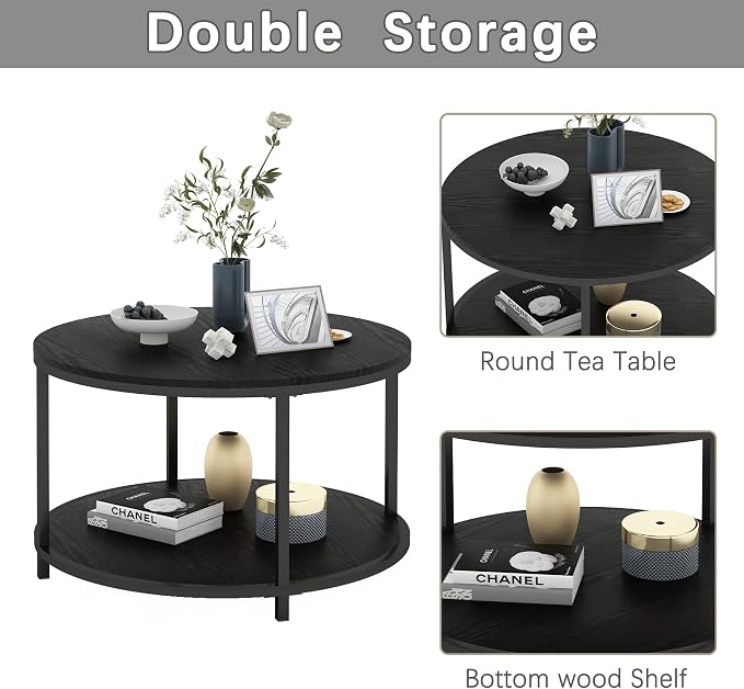 NSdirect Round Coffee Table, 25.6" Small Coffee Table for Living Room,2-Tier Rustic Wood Desktop with Storage Shelf Modern Design Home Furniture(Black)