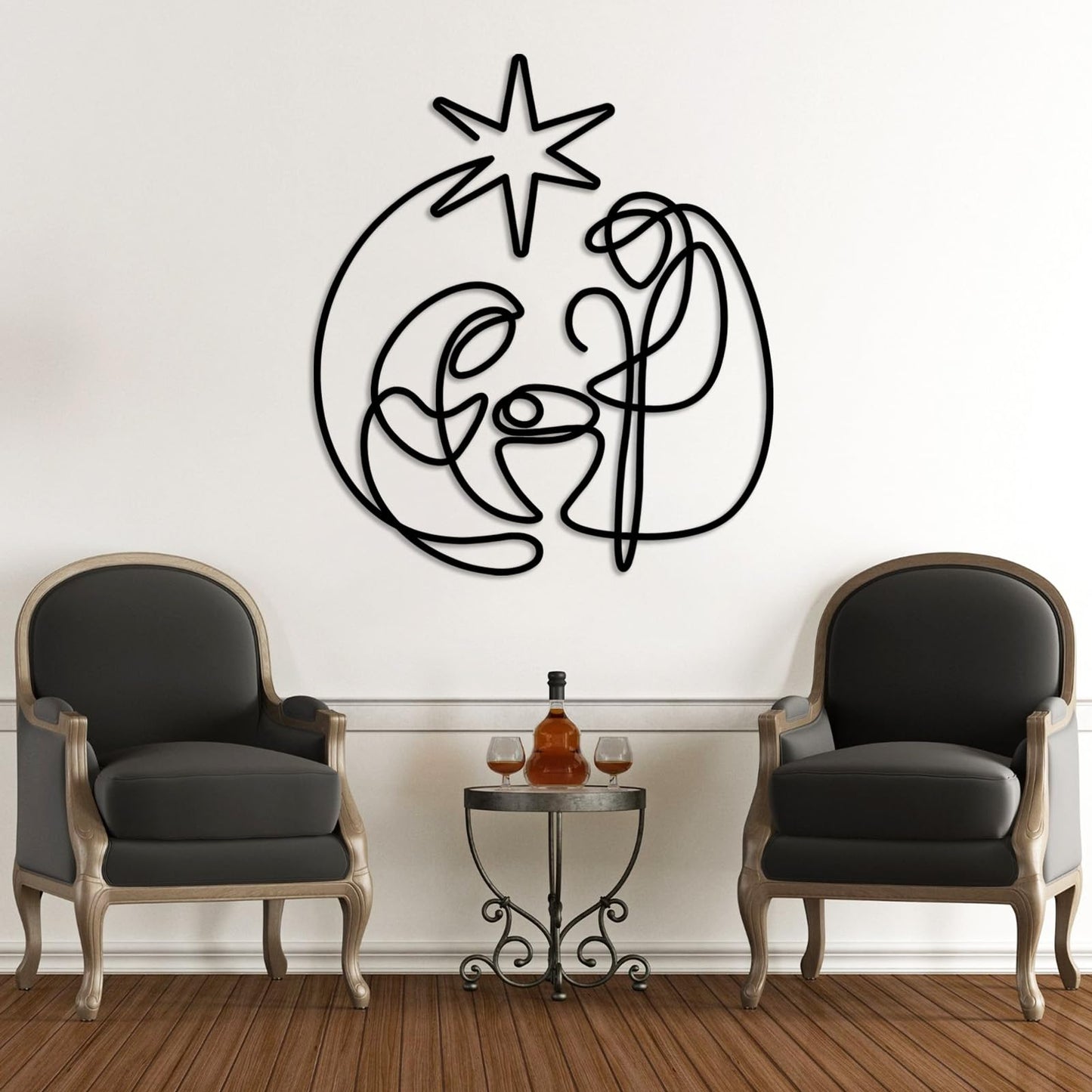 SZI Nativity Scene Metal Wall Art, Line Art Religious Christmas Decor, Minimalist Wall Art for Living Room, Bedroom (Black, 24"x21"|60x53cm)
