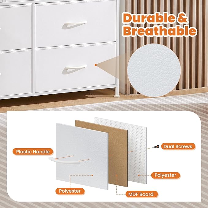 Sweetcrispy 7 Drawer Dresser Storage Organizer with Fabric Bins, Sturdy Steel Frame and Wood Top, Easy Pull Handles, for Bedroom Closet Hallway Entryway,White
