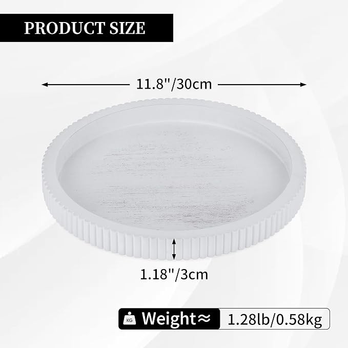 Hanobe Decorative Tray for Coffee Table: White Round Trays for Living Room Ottoman Centerpiece Home Decor 12" Modern Farmhouse Topper Dining Kitchen Island Tabletop Display