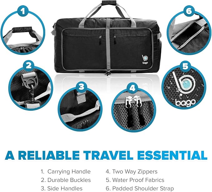 Bago Large Foldable Duffel Bags for Traveling Women & Men - 100L Packable Duffle Bag for Travel with Shoe Compartment - Water Repellant, Heavy Duty, Lightweight Folding & Collapsible (Black)