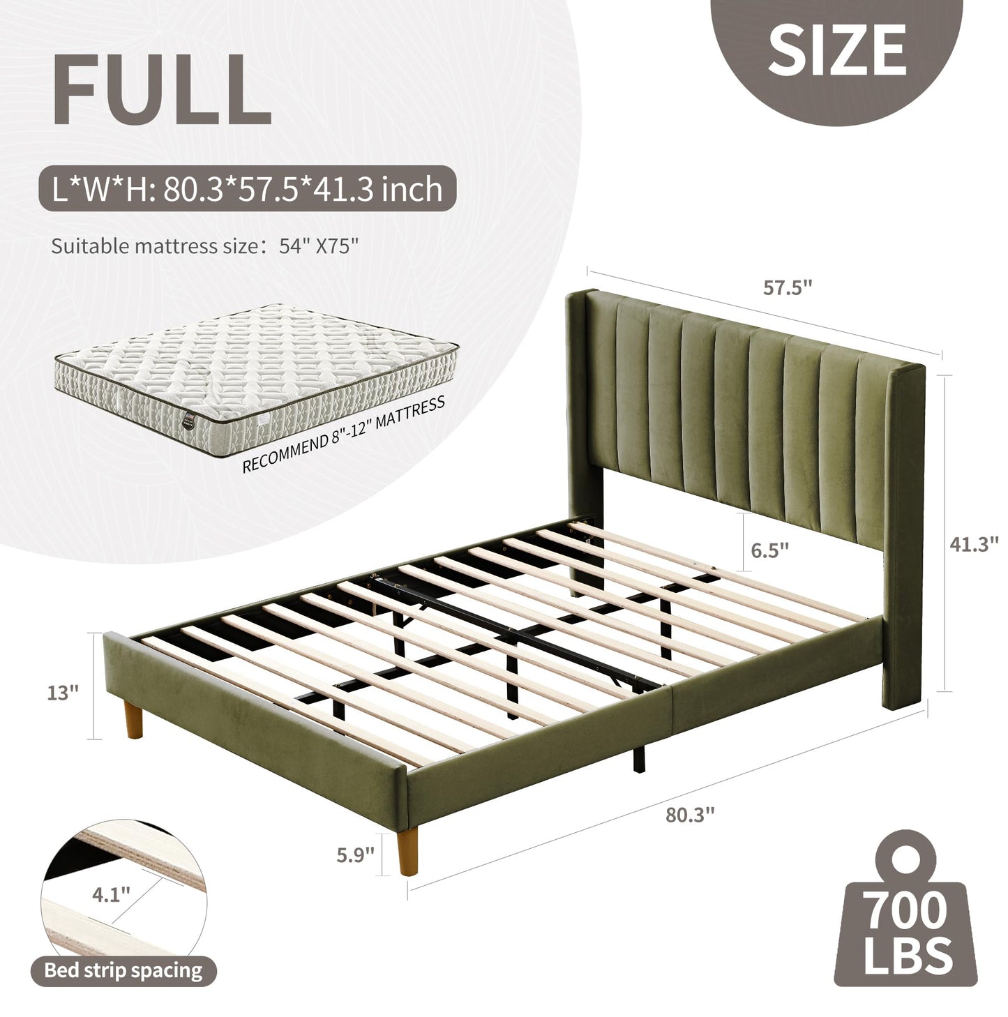 YUHUASHI upholstered Platform Bed Frame/Full Bed Frame/Modern Geometric Double-Wing Design headboard/Velvet Fabric/Easy to Assemble no Noise (Grass Green, Full)