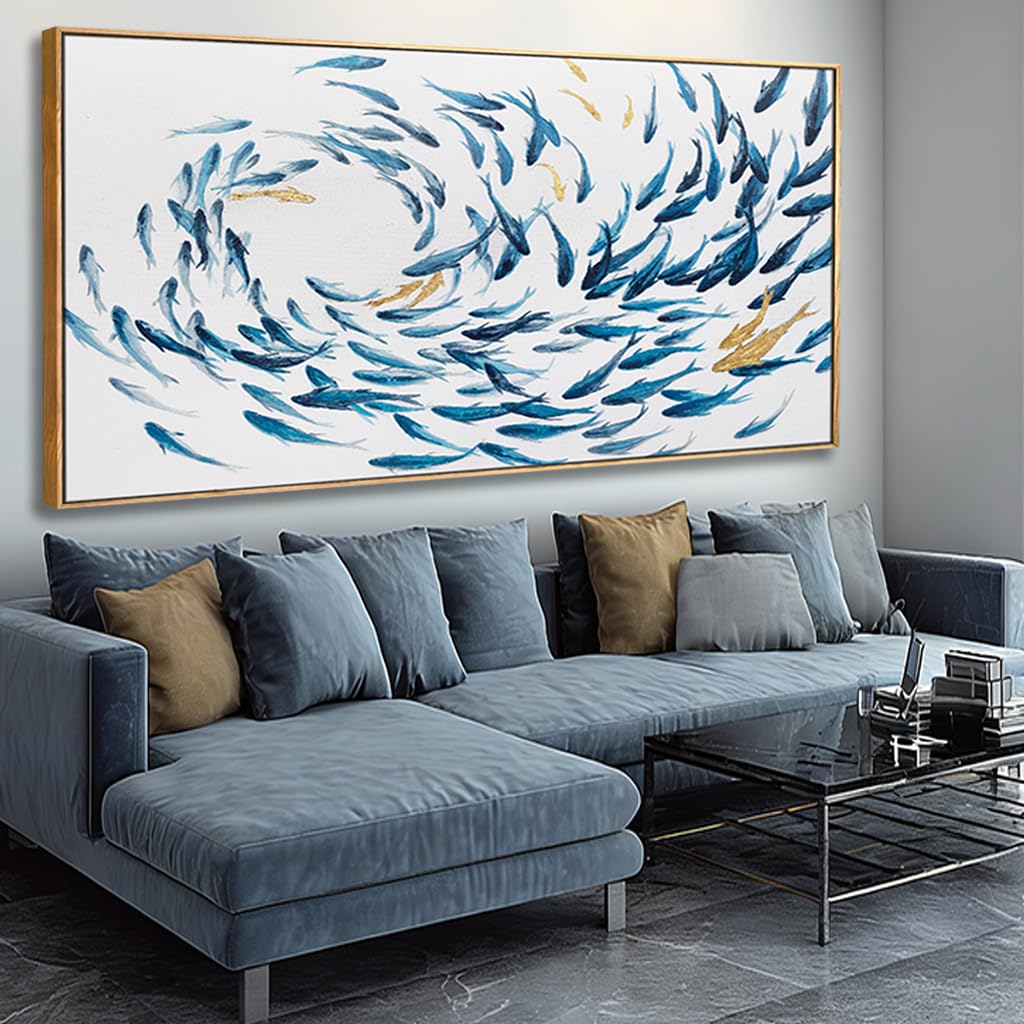 Canvas Wall Art Blue Fish Ocean Sea Framed Artwork Large Pictures Wall Decor Artwork Prints Poster Animal Arts 29"x58"for Living Room Office