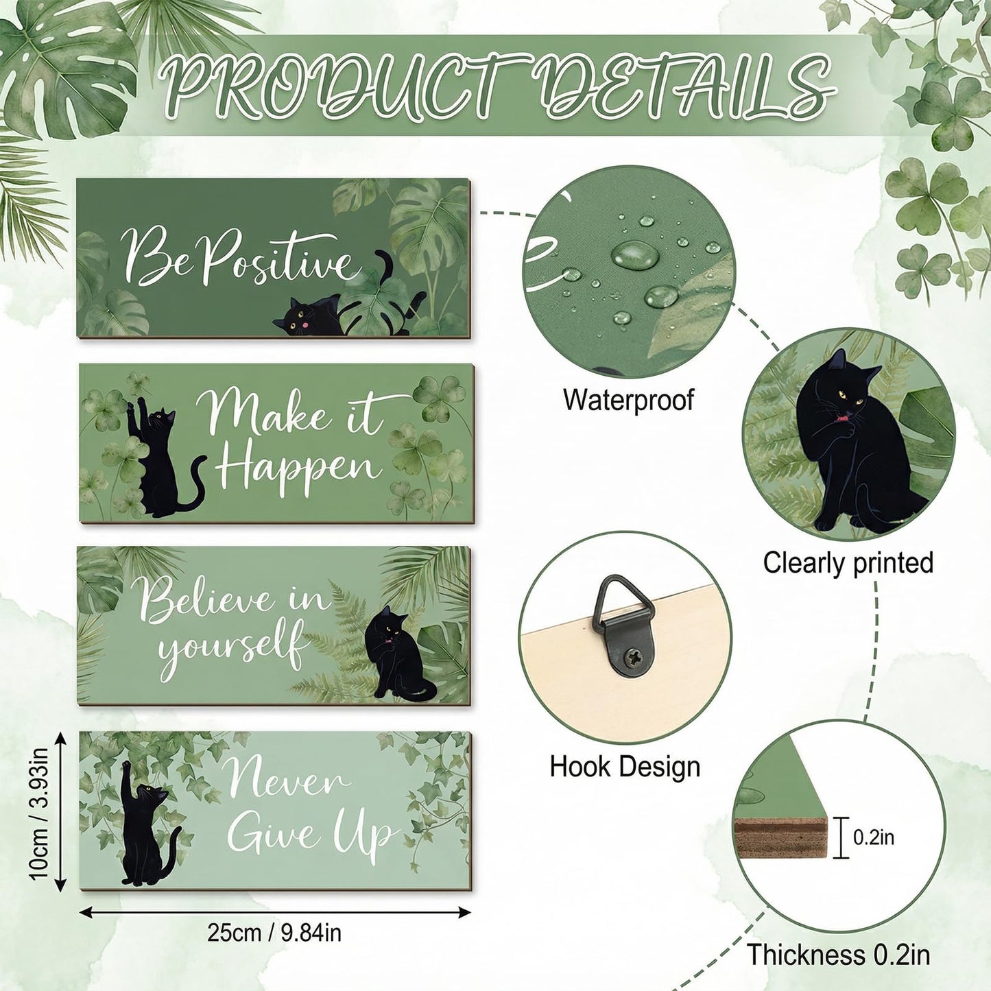 4Pcs Sage Green Office Decor for Women Inspirational Wooden Wall Decor for Office Home Sage Green Black Cat Wall Art Motivational Quotes Wooden Signs Set Positive Affirmations for Bedroom Work