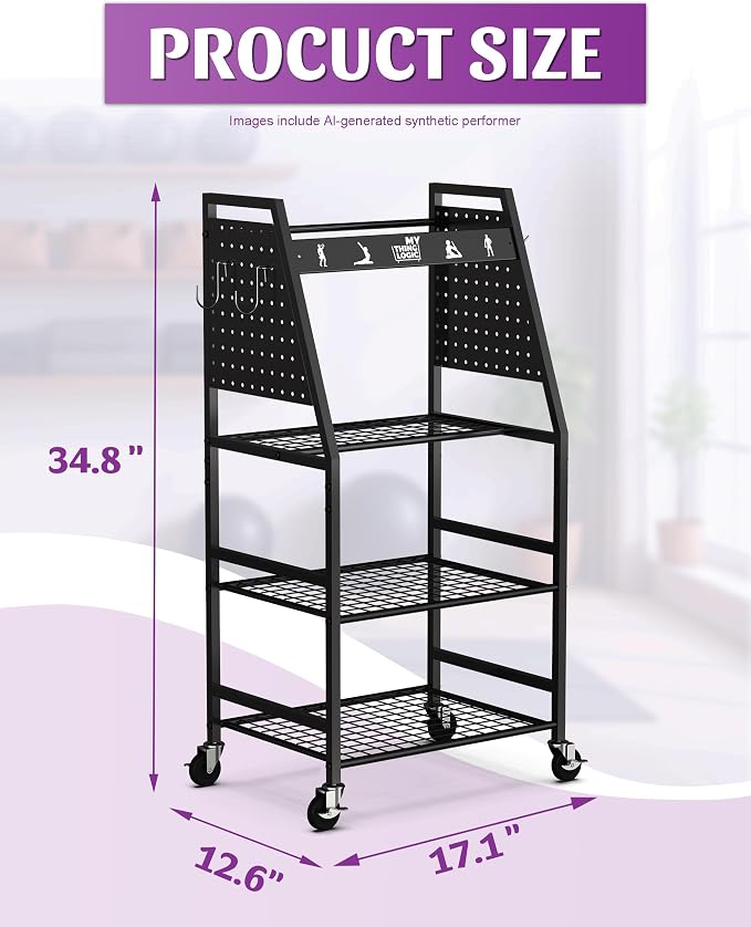 Mythinglogic Yoga Mat Storage Racks,Home Gym Storage Rack for Dumbbells Kettlebells Foam Roller, Yoga Strap and Resistance Bands, Workout Equipment Storage Organizer With Hooks and Wheels