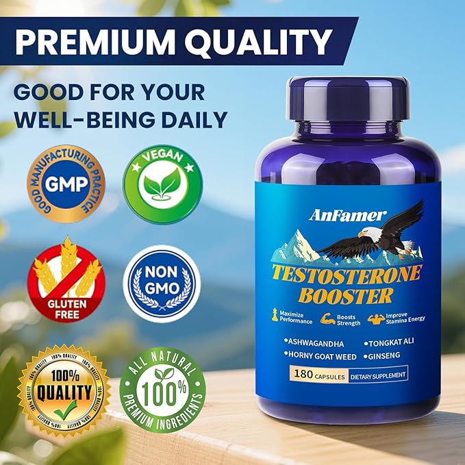 Testosterone Booster for Men with Ashwagandha, L-Arginine, Tongkat Ali, Tribulus, Natural Testosterone Supplement for Men Workout, Strength Booster, Performance and Building Muscle, 180 Capsules