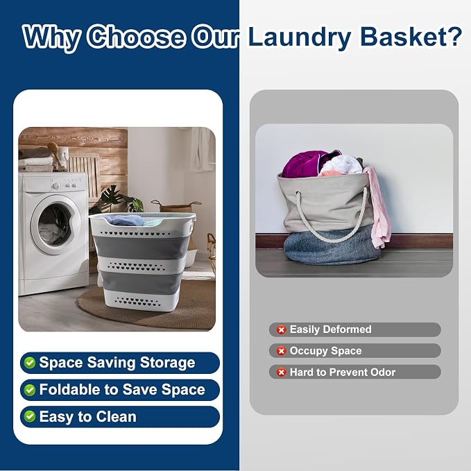 Collapsible Laundry Basket Plastic 42L Foldable Clothes Hamper for Laundry | Foldable Pop-Up Laundry Basket Hamper Space Saving Dirty Clothes Hamper Storage Container Organizer For Home & Dorm