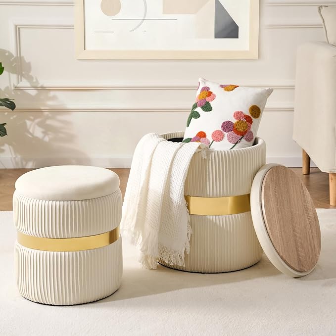 YYW HOME Velvet Round Ottoman with Storage Set of 2 for Livingroom Small Foot Stool Ottoman for Living Room Small Coffee Table Vanity Stool with Storage for Bedroom White