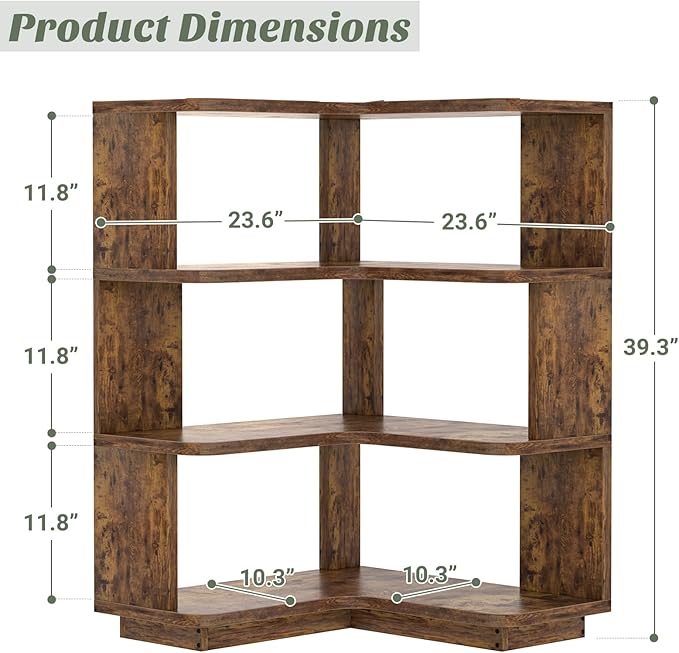 Armocity Corner Book Shelf - 4 Tier Corner Bookshelf Etagere Bookcase with Baffle, Freestanding L Shaped Display Shelf Stand for Home Office, Living Room, Bedroom, Kitchen, Rustic Brown