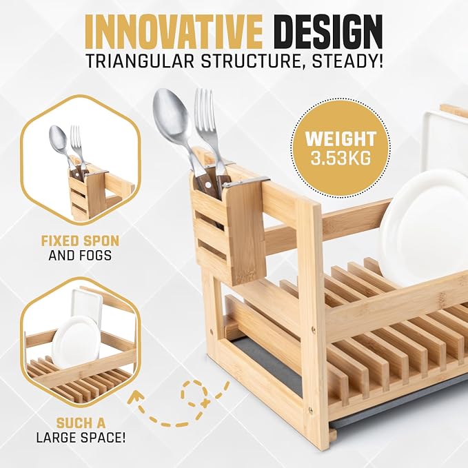 Bamboo Dish Drying Rack with Utensil Holder, Stone Dish Drying Mat, Wooden Dish Drying Rack, Functional Kitchen Organizer, Dish Drainer