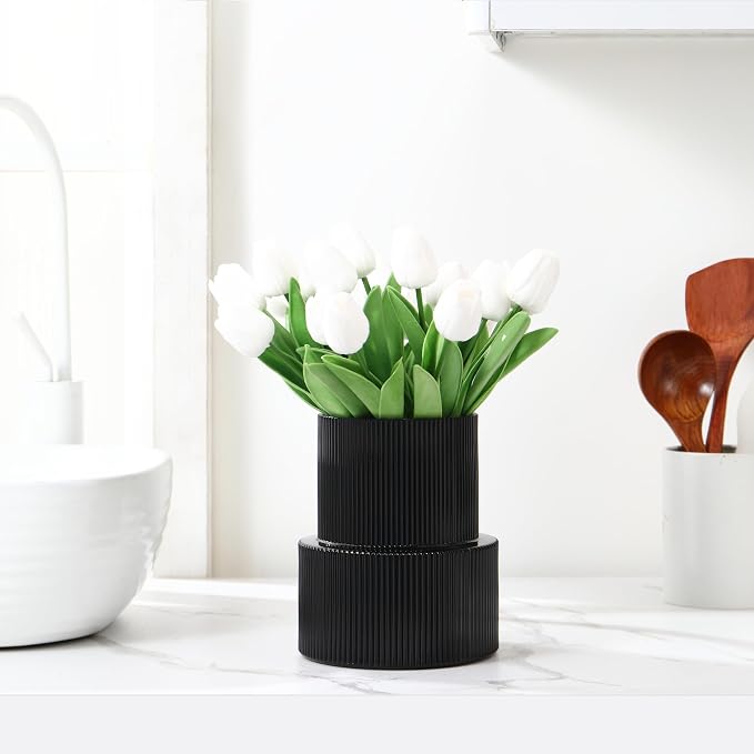 Ribbed Glass Vase, Flower Vase, Fluted Black Vases for Flowers, Modern Vases for Living Room, Dining Table, Entryway, Shelf, Wedding, Office, Coffee Table, Birthday, 7.5 Inches