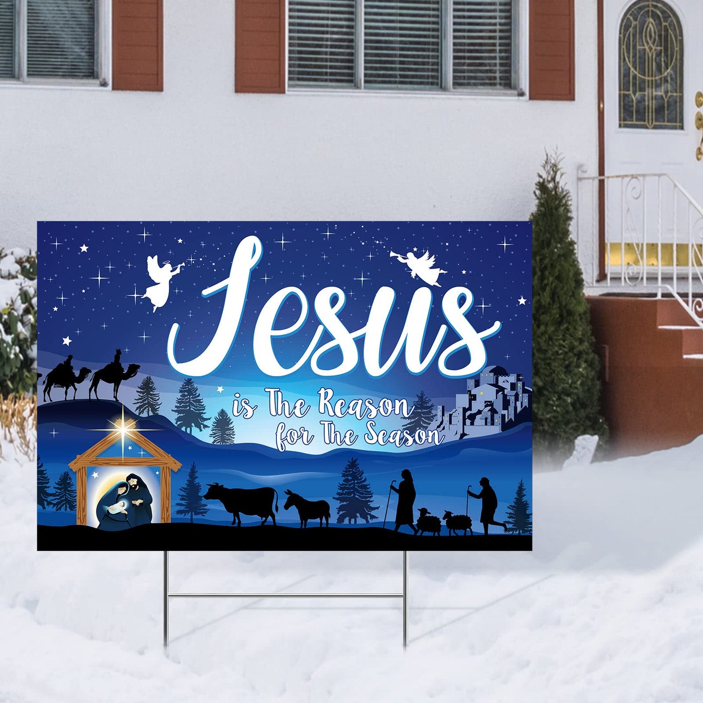 Capoda 24inch Christmas Holy Nativity Yard Sign with Stakes Jesus Is the Reason for Season Lawn Sign Manger Religious Xmas Yard Decorations Outdoor for Religious Xmas Outdoor Party Decor(Blue)