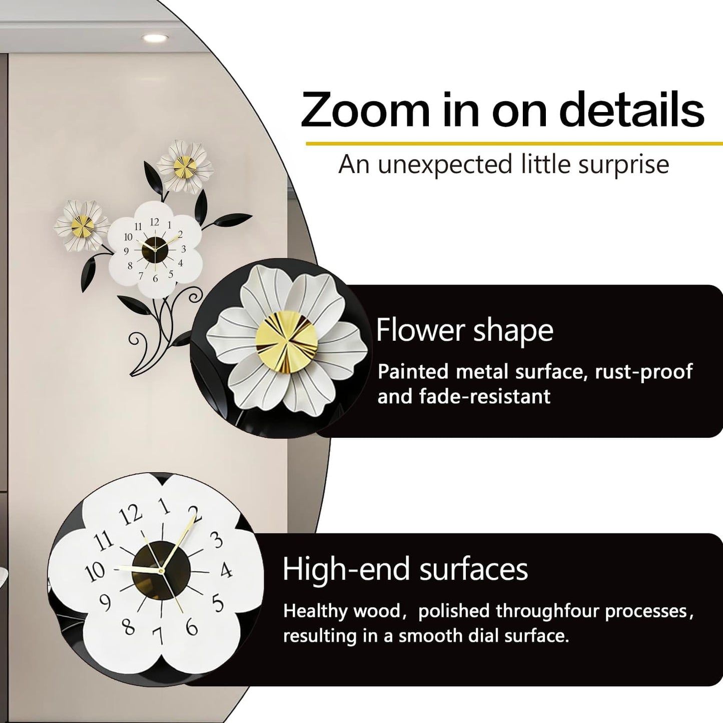 LIYUANSI Artistic Flower-Shaped Wall Clock, Modern Minimalist Metal Wall Decor for Living Room, Bedroom, Office, 24"x34.5" Elegant Petal Design, Silent Quartz Movement