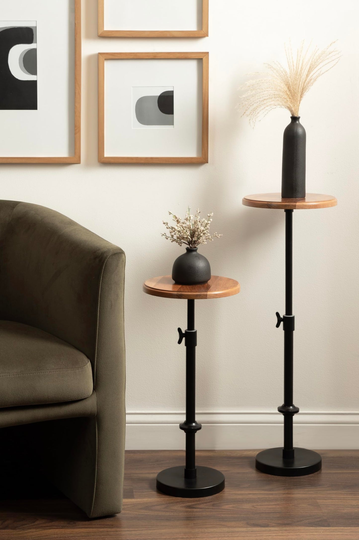 Kate and Laurel Engles Modern Adjustable-Height Pedestal Drink Table, 10 x 10 x 30, Natural Wood and Black, Transitional Round Indoor Metal Plant Stand with Solid Wood Tabletop