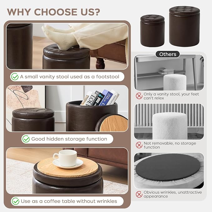 oakvivo Round Set of 2 14.76" L x 14.76" W x 17.32" H Faux Leather Ottoman with Storage, Small Foot Rest Storage Ottomen with Lid Living Room, Bedroom Vanity Stool Chair, Coffee
