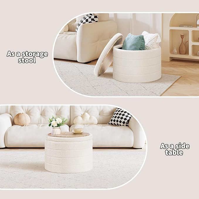 PINPLUS Round Ottoman with Stroage, Boucle Storage, Foot Stool Foldable Coffee Table Ottoman for Living Room, Bedroom, Dorm (White)