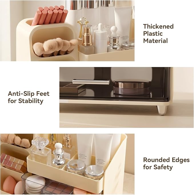 Brothersbox Makeup Organizer with Brush Holder for Vanity, Large Countertop Skincare Storage with 2 Drawers, Holds Lipsticks, Nail Polishes, Perfumes, Brushes - Gift for Women, Cream
