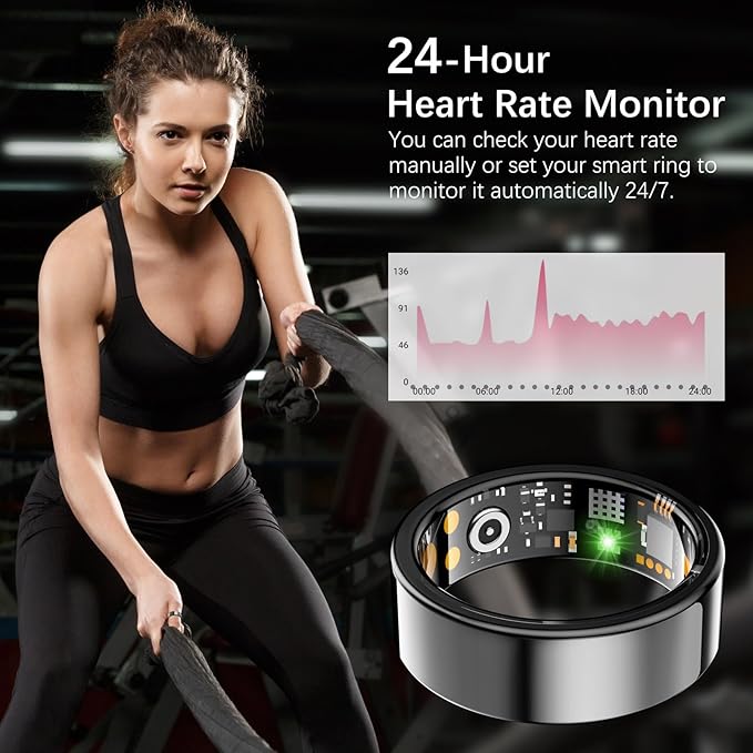 Ring Health Tracker for Women Men, Fit Ring with Heart Rate, Blood Oxygen, Sleep Monitor, Calories, Step Counter, IP68 Waterproof Smart Ring for iPhone & Android, No Subscription Fee (Black, 11#)