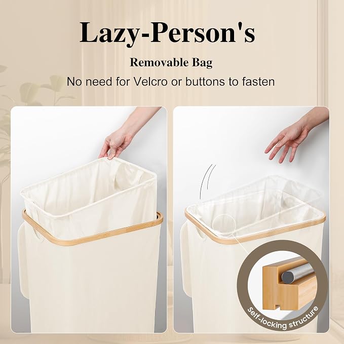 Foluck Large Laundry Hamper, 75L Waterproof Laundry Basket with Lid and Removable Bag, Collapsible Tall Clothes Hamper with Bamboo Handles for Clothes Toys in Dorm Bedroom Bathroom, Beige, ZYL201-W