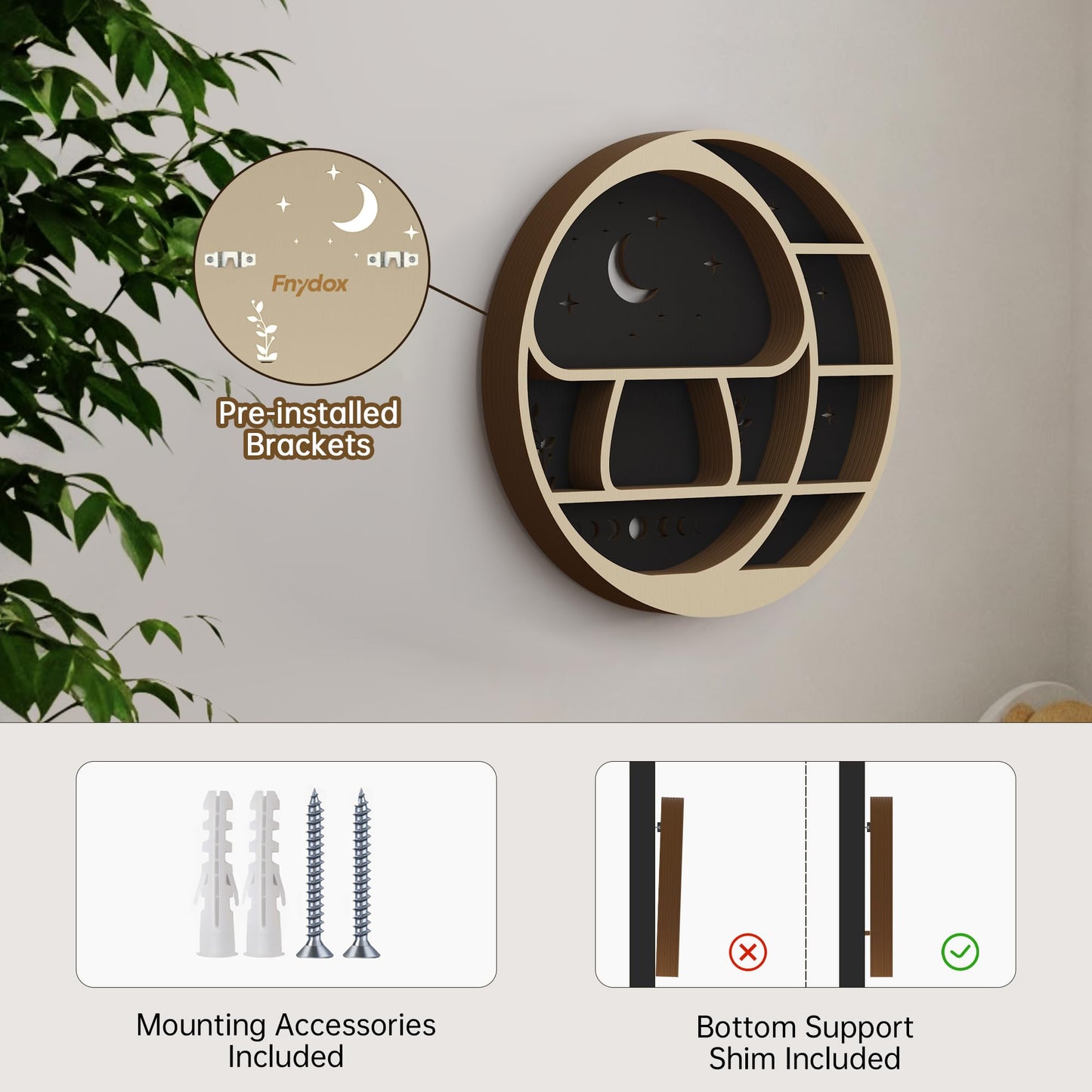 Circle Mushroom on The Moon Wall Shelf with LED Light, Wooden Trinket Knick Knack Shelf, Mushroom & Moon Decor Crystal Display Shelf for Rocks Gems Healing Stones, Cute Crystal Holder Organizer