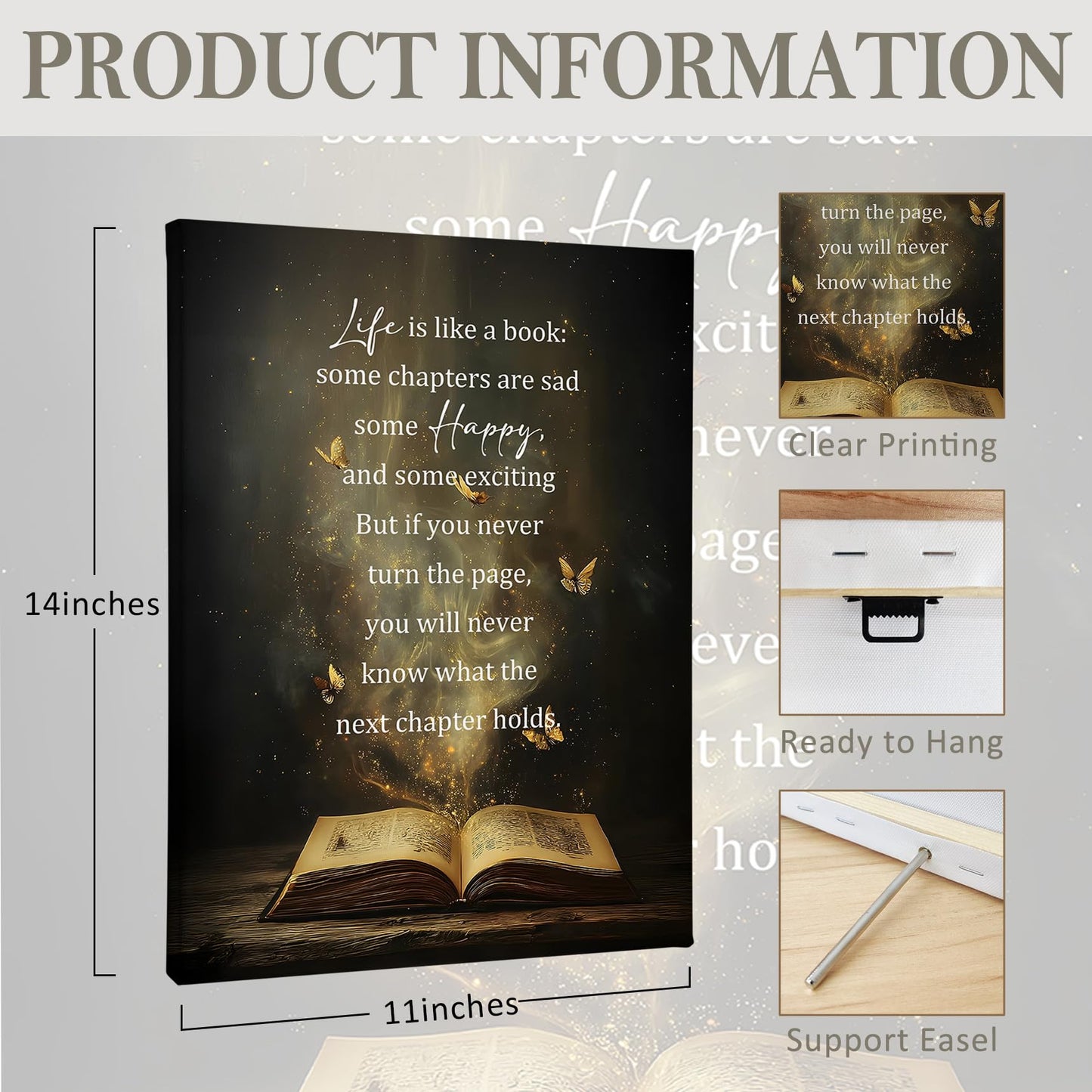 PHAMTE Inspirational Wall Art Decor Canvas 11x14, Motivational Quotes Pictures Decorations, Life Is Like a Book inspirational Quotes Framed Prints Artwork for Bedroom Living Room Office Decor