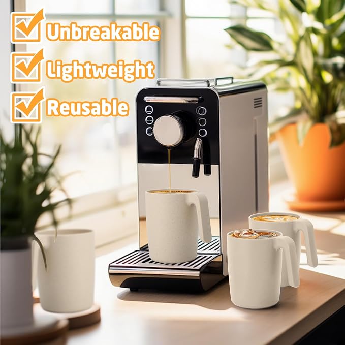 Coffee Mugs Set of 6, Wheat Straw Cups 16 oz, Resuable Plastic Coffee Cups With Handle, Unbreakable & Stackable Kitchen Cup, Microwave safe Drinking Glasses for Tea, Juice and Water - Beige