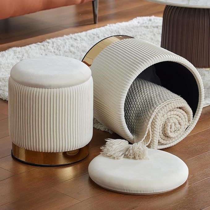 Velvet Round Ottoman Set of 2 with Storage 12 Gallon Capacity - Multi-Functional Stool for Living Room, Footrest, Vanity Seat, Coffee Table, Sturdy 300lb Capacity（Cream White）