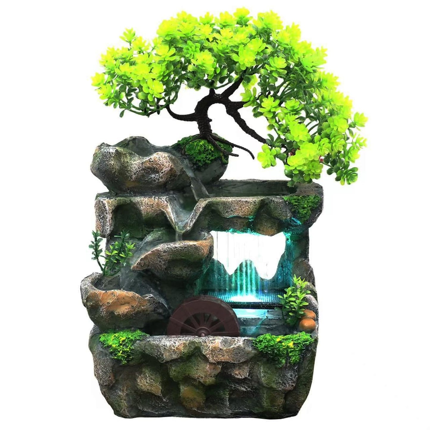 Tabletop Waterfall Fountain with Flowing Water & LED Lights – Indoor Resin Rockery Desk Fountain for Home, Office, Bedroom Relaxation & Decoration, Mini Desktop Water Featur