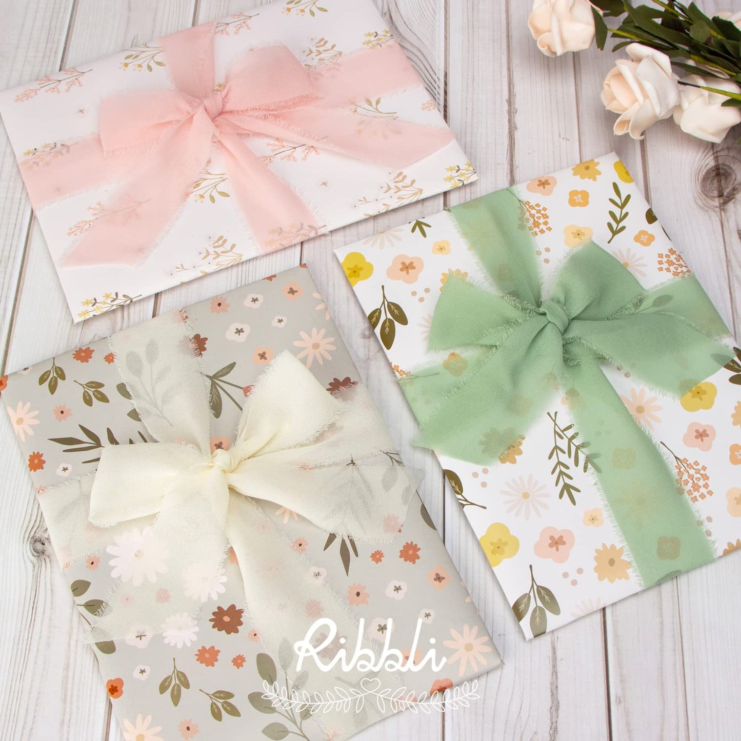 Ribbli Chiffon Ribbon 1.5 inch x 30 Yard Handmade Silk Ribbon, Ivory/Blush Pink/Sage Green Fringe Chiffon Ribbon for Wedding Invitations, Bridal Bouquets Wrapping, Flower Arrangement Decoration