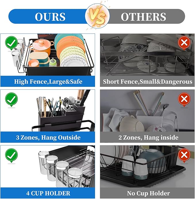 Simple Trending Dish Drying Rack, Space-Saving Large Dish Rack for Kitchen Counter, Anti-Rust Dish Drainer with Cutlery & Cup Holders, Black