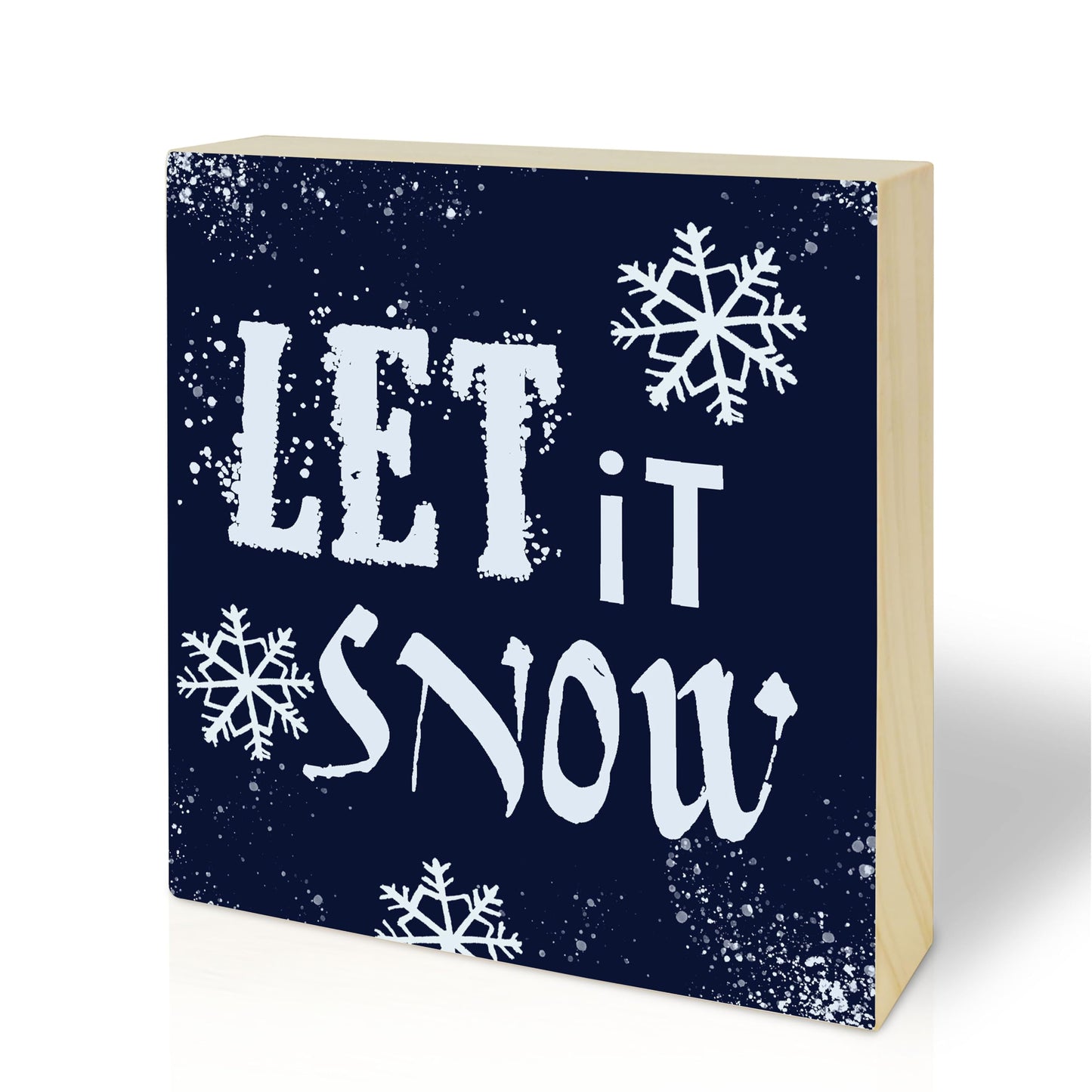 5" Pinewood Block Sign Gift - Let It Snow - Holiday Winter Decor Snowflake Small Gift For Friends & Families, Living Room, Counter, Shelf, Snowflake Home & Office Decoration & Gift(Blue)- B05