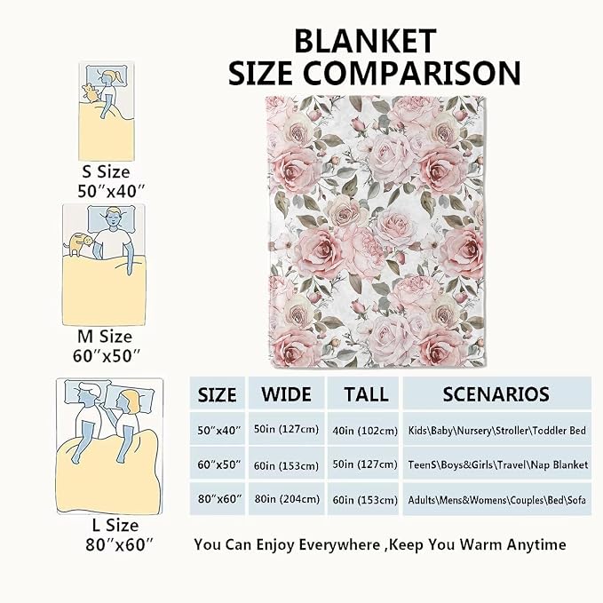 Floral Blanket,Vintage Pink Rose Throw Blankets,Birthday Gifts for Women & Flower Lovers,Lightweight Soft Fleece,for Picnic Sofa Couch Bed Room Travel,Modern Romantic Decor,50x60in