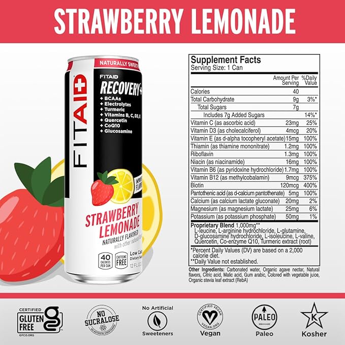FITAID Post Workout Recovery Drink, Strawberry Lemonade, BCAAs, Glucosamine, Electrolytes, All In One Can, Paleo, Vegan & Gluten-Free, 40 Calories, 12 Fl Oz (Pack of 12)