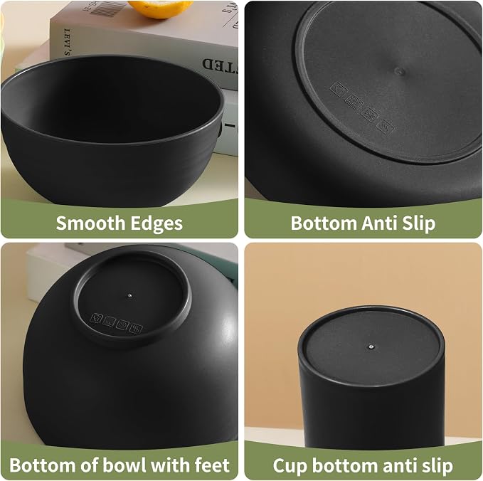 24 Piece Wheat Straw Dinnerware Sets of 6, Kitchen Plates and Bowls Sets, Unbreakable Plastic Dish Set for Camping, Dishwasher Microwave Safe, Kitchen and Dinning Essentials, Black